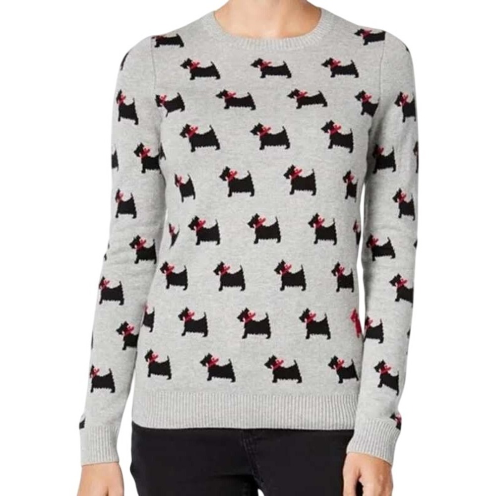 Charter Club Petite Sweater Scottie‎ Dog Print Gray Cotton Blend Size PS Preppy